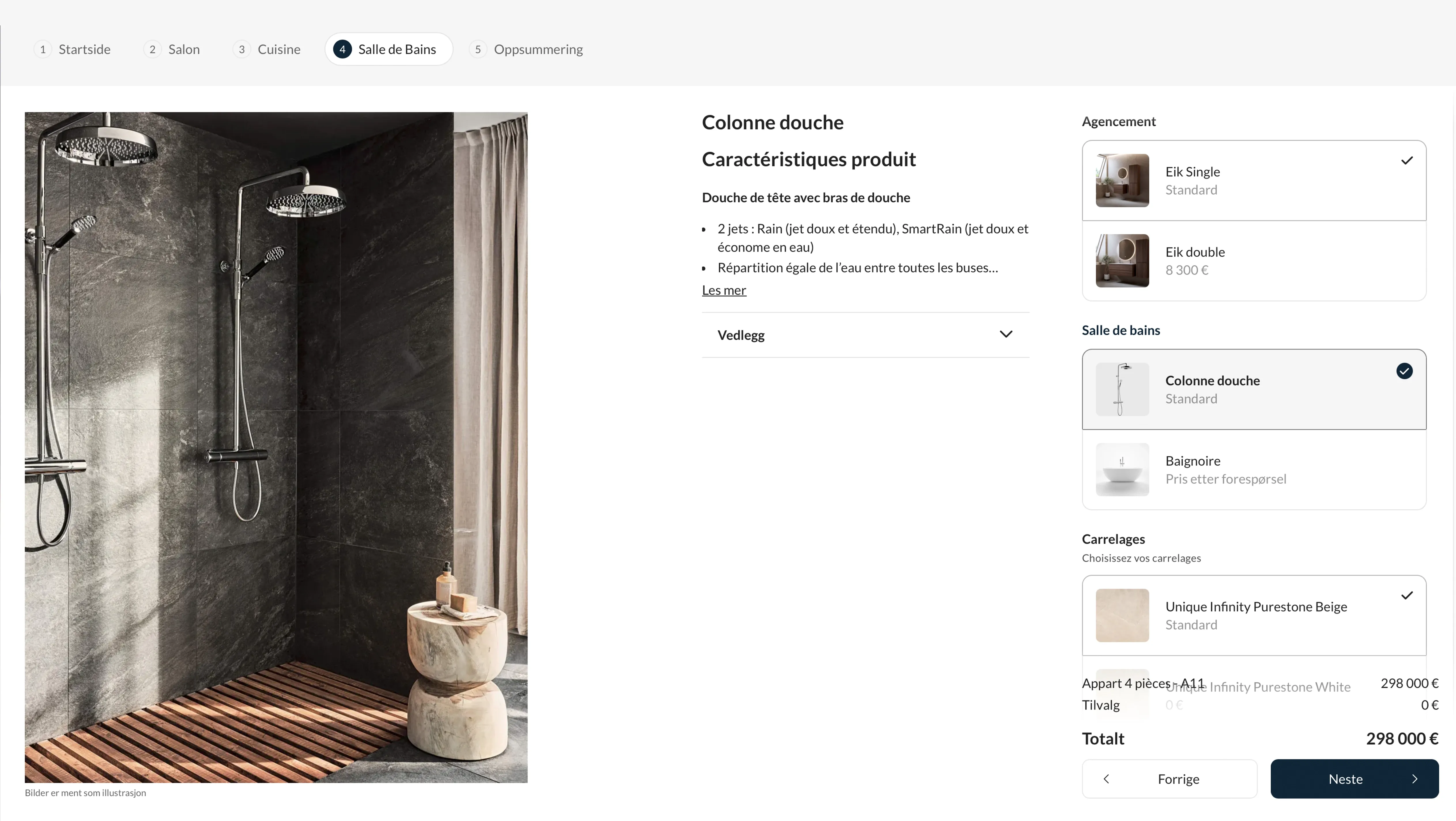 Interface numérique de configuration de logement dans Kvass, affichant la personnalisation d’une salle de bains. L’écran montre une douche à colonne avec ses caractéristiques produit, des options d’agencement et de carrelage, ainsi que le prix total de l’appartement (298 000 €). À gauche, une image illustrative présente une salle de bains moderne avec douche murale et carrelage foncé.