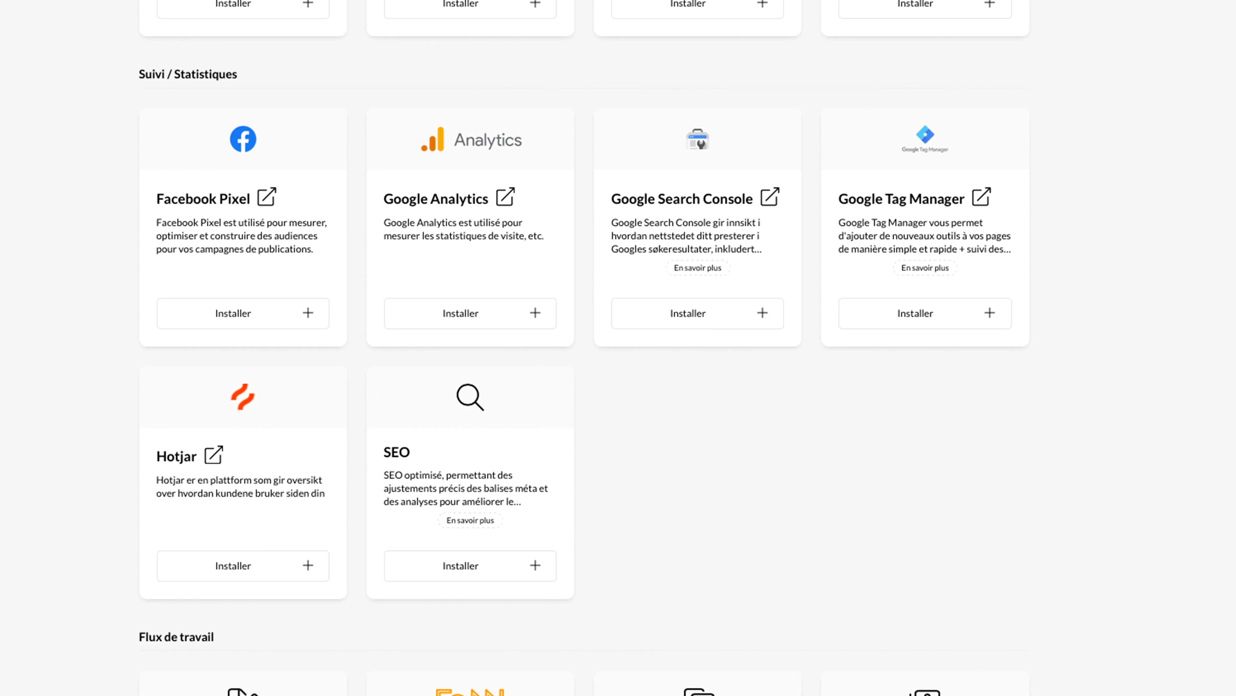 Capture d’écran de la section des intégrations sur la plateforme Kvass, montrant des options de suivi et de statistiques comme Facebook Pixel, Google Analytics, Google Search Console, Google Tag Manager, Hotjar et des outils SEO.